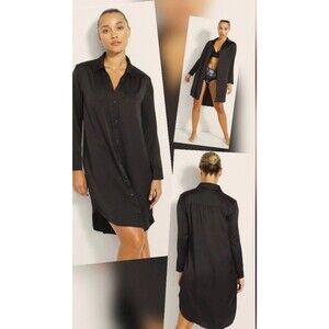 Soma Women Satin Feel Black Button Front Nightshirt Sz M Sleepwear High Low Hem